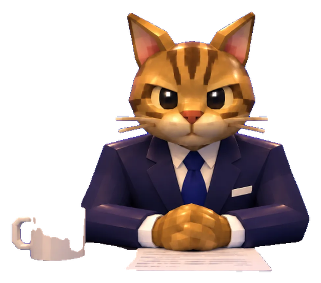 News Cat, a tabby cat anchor in a navy suit, paws folded over the evening paper